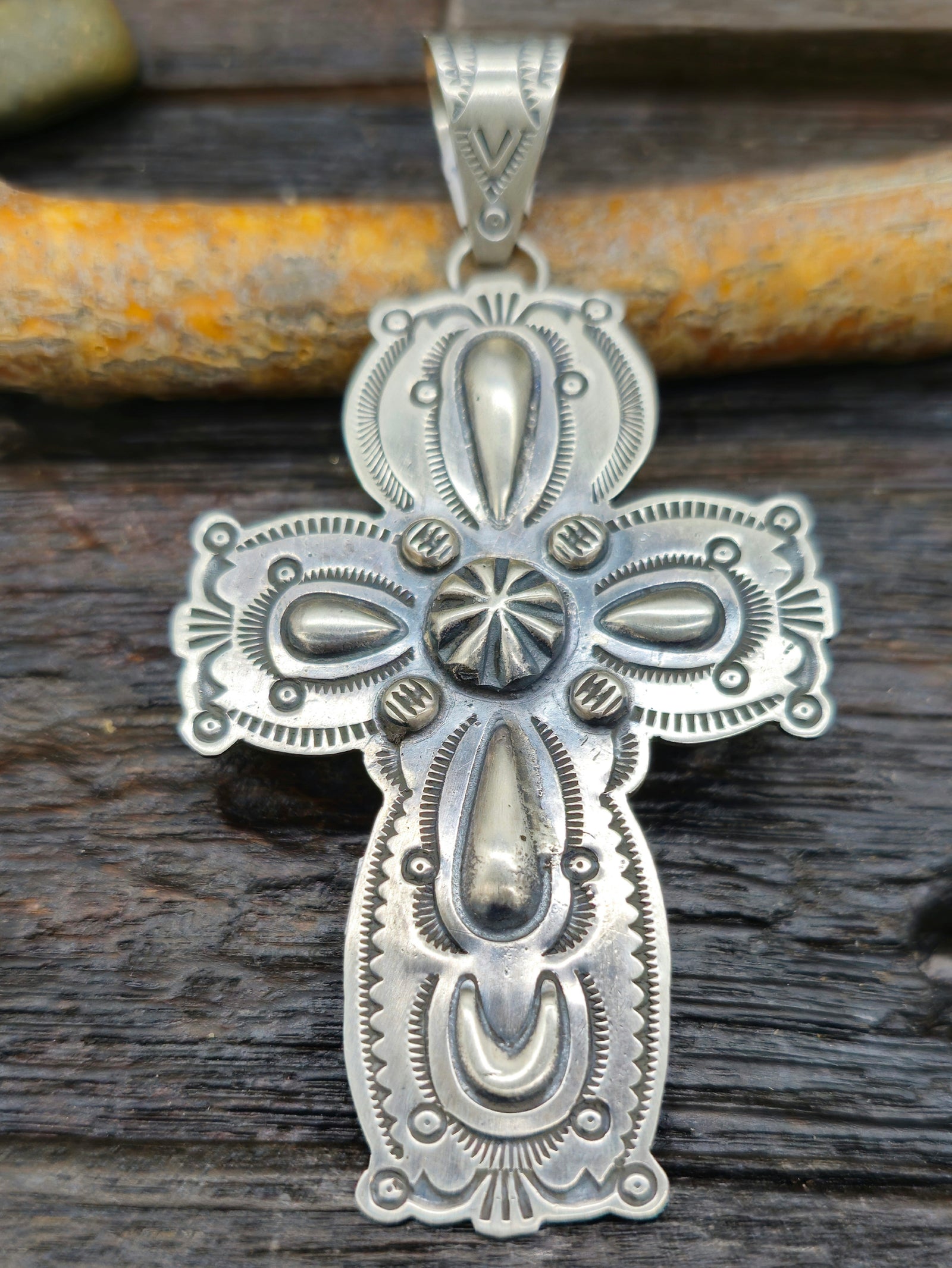 Stamped Sterling Silver Cross Pendant by Dean Sandoval - 4 by 2 in