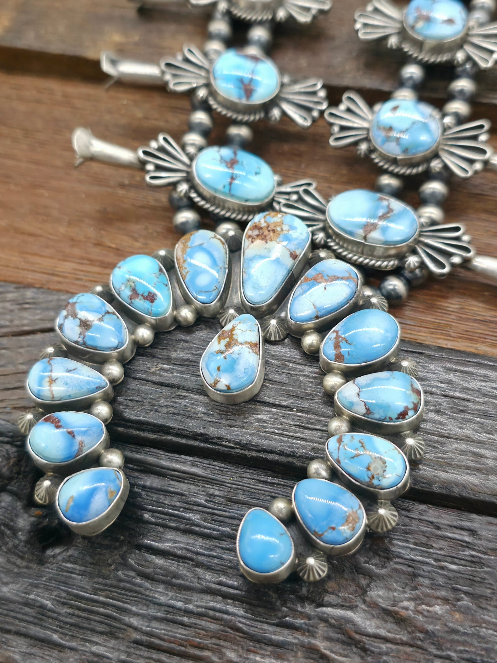 Sterling Silver Golden Hill Turquoise Squash Blossom Necklace and Earring Set by T. Smith and F. Martinez - 22 in.