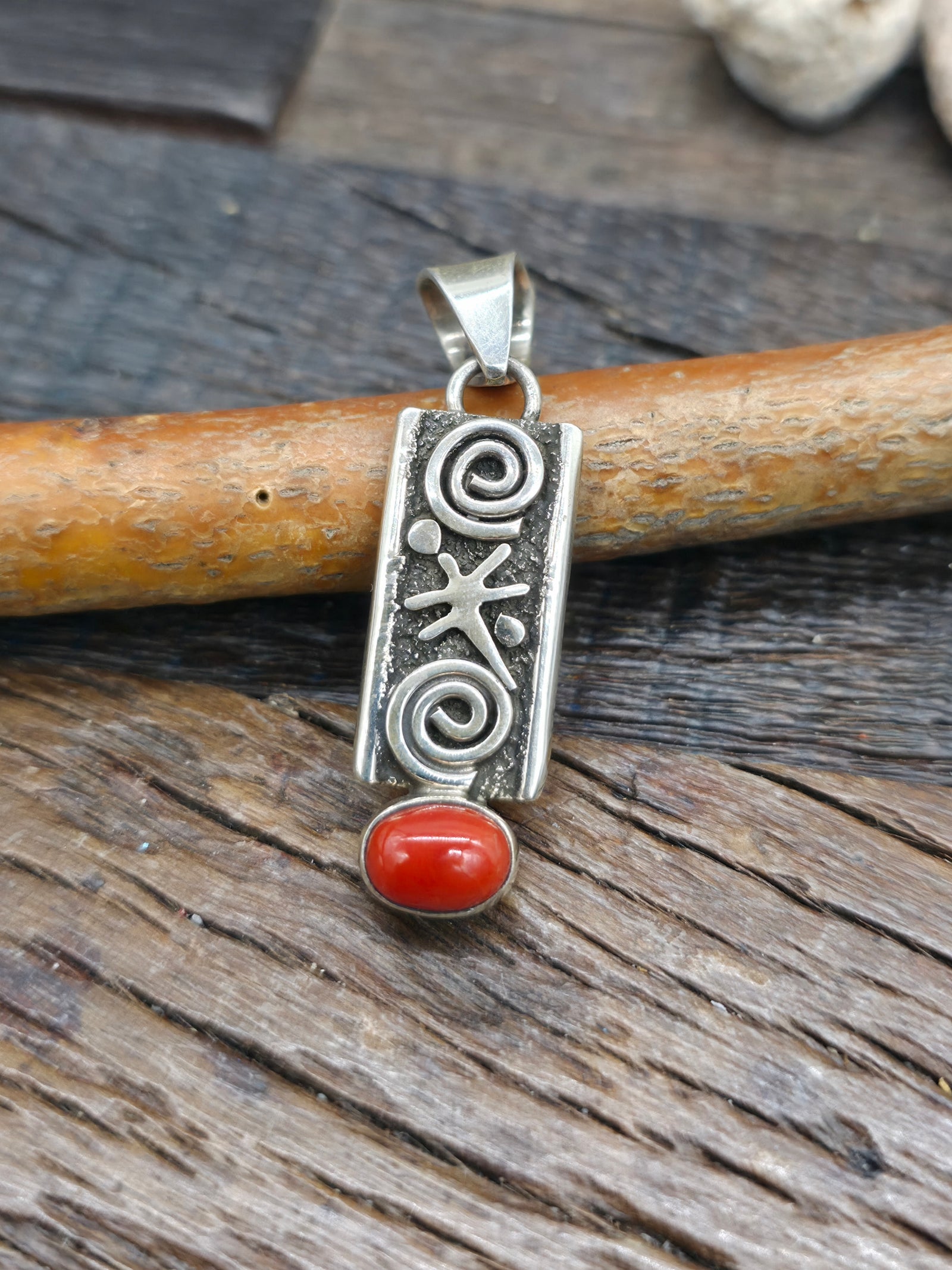 Sterling Silver & Coral Petroglyph Pendant by Alex Sanchez - 1 3/4 in. by 1/2 in.