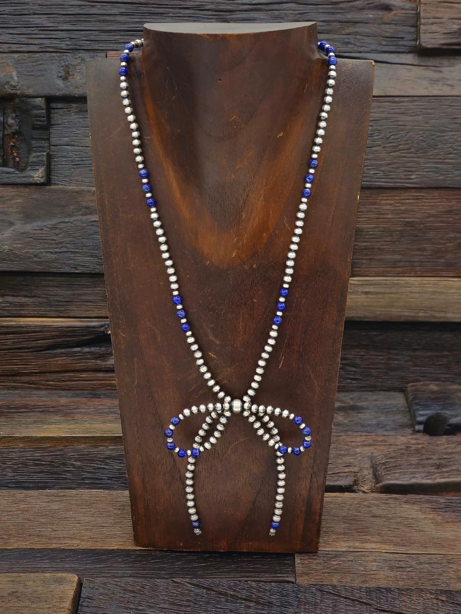 Oxidized Sterling Silver and Lapis Bead Bow Necklace 20 in.