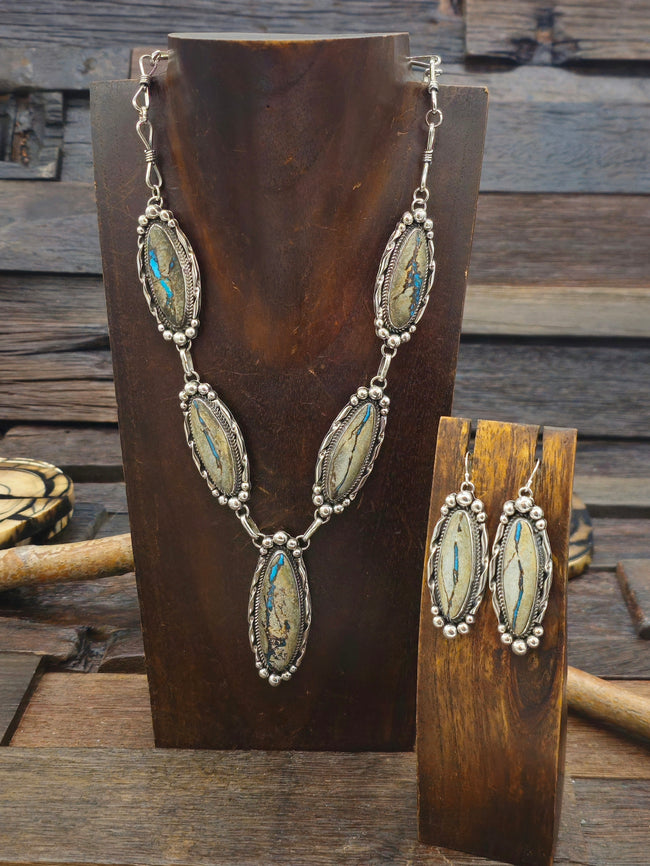 Blue Gem Boulder Turquoise Lariat Necklace and Earring Set by Rosella Paxton - 20 in.