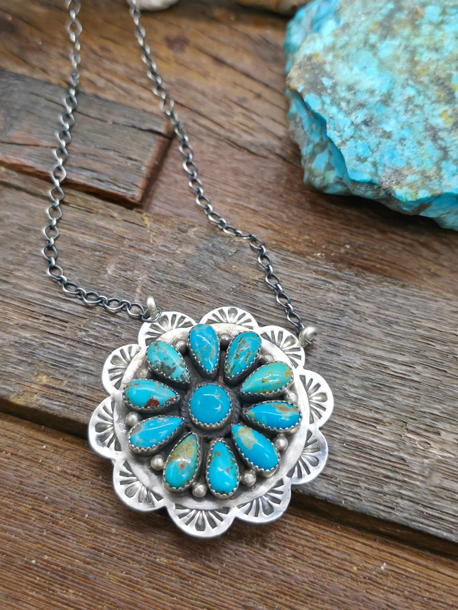 Stamped Sterling Silver Turquoise Cluster Pendant Necklace by Kee - 19 in.