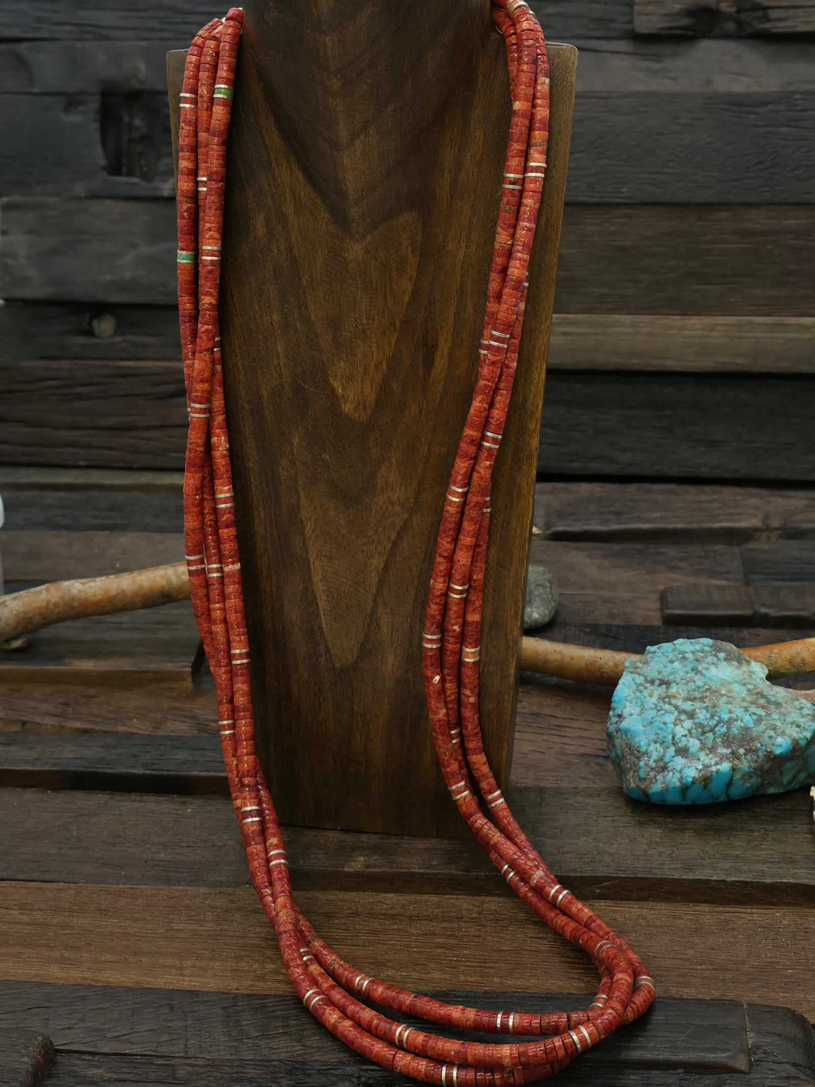 Three Strand Apple Coral Sterling Silver Heishi Necklace by Fred Archuleta - 34 in.