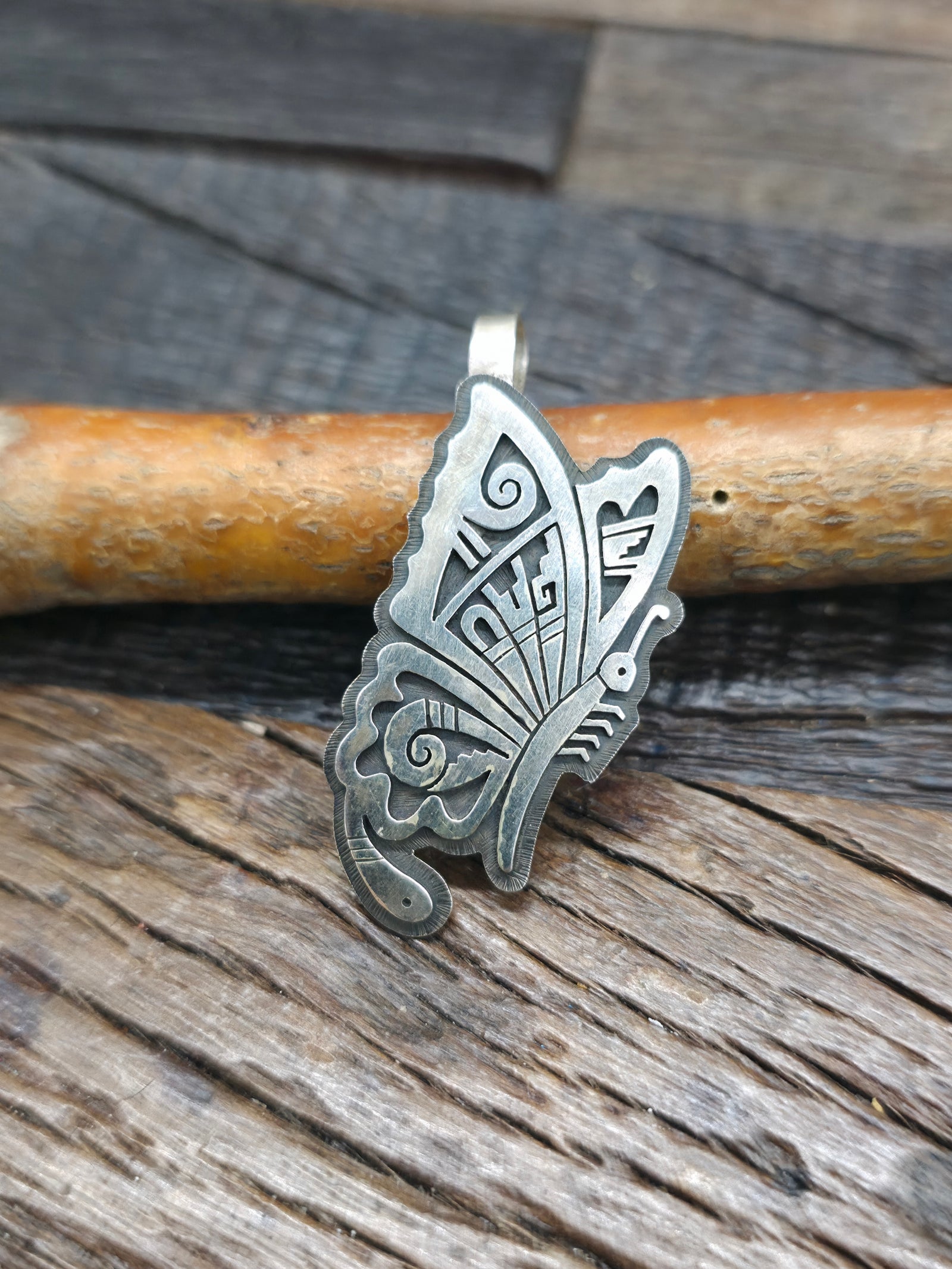 Sterling Silver Hopi Overlay Butterfly Pendant by B. Tawahingva - 2 in. by 3/4 in.