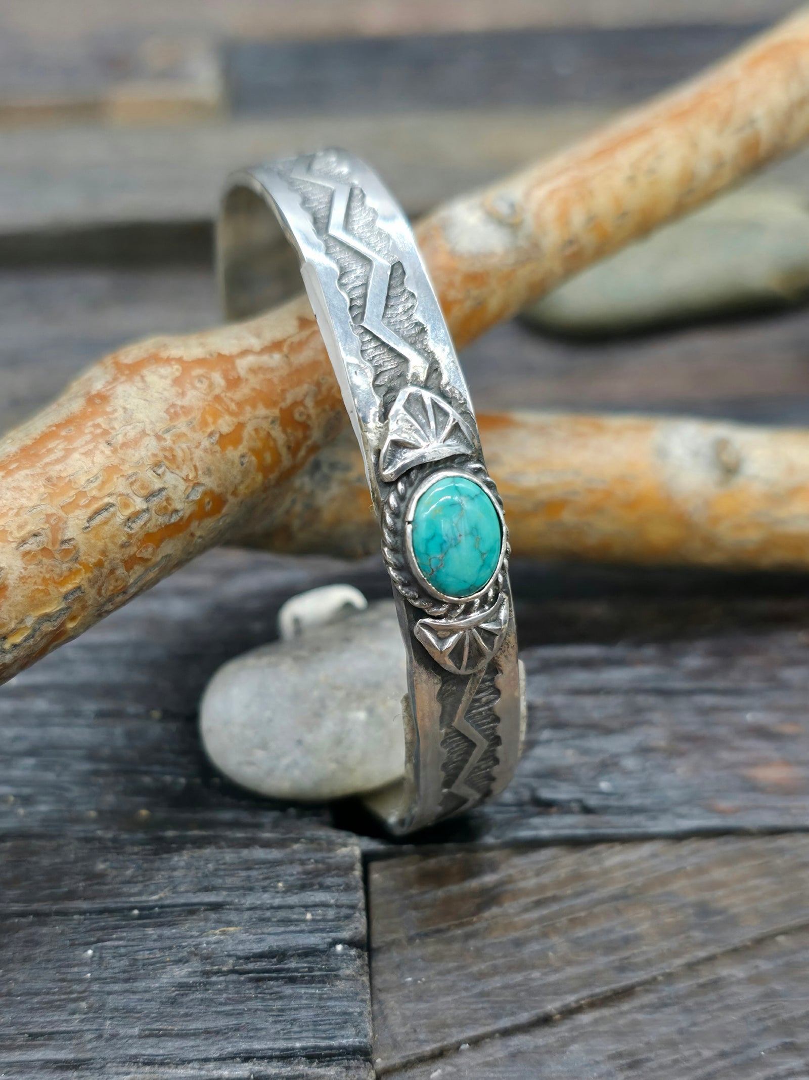 Stamped Sterling Silver and Turquoise Cuff by Sunshine Reeves - 6 1/2 in.