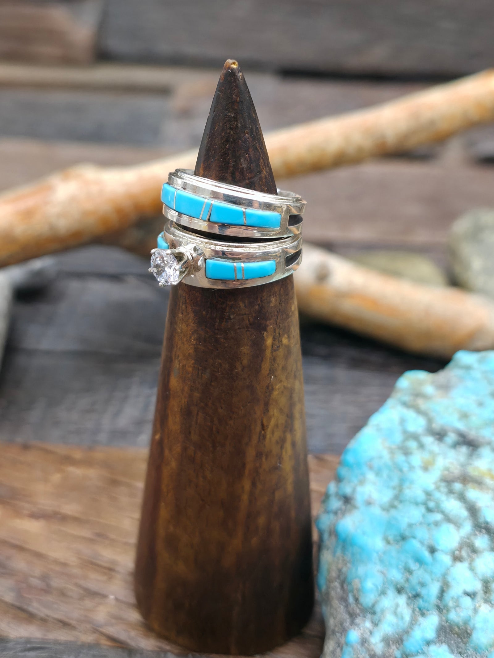 Sterling Silver Turquoise Inlay Wedding Band Set by Wilbert Muskett Jr