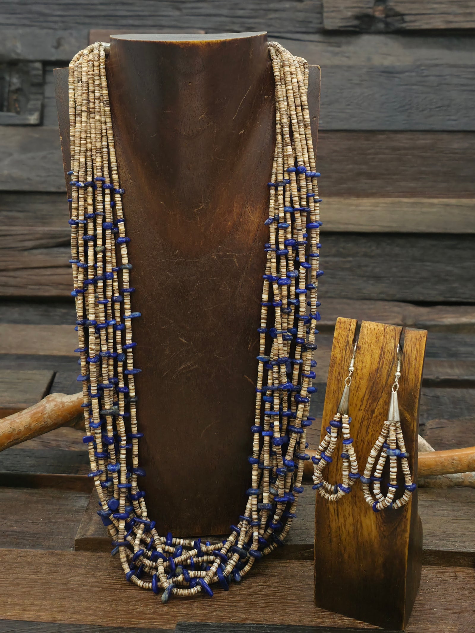 Ten Strand Heishi and Lapis Nugget Necklace and Earring Set by Ramona Bird - 26 in.