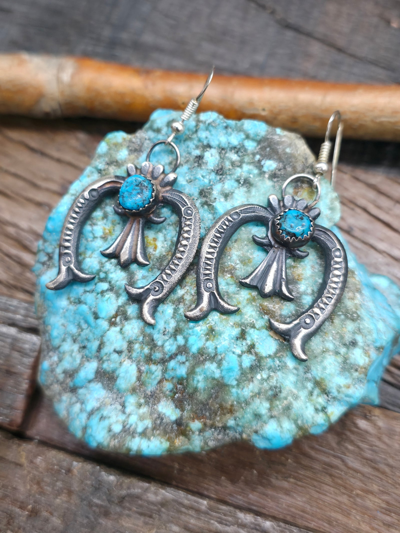 Cast Sterling Silver Naja Earrings with Turquoise by Eva and Lindberg Billah - 2 in. by 1 in.