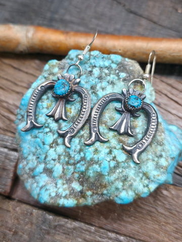 Sterling Silver Green Turquoise Earrings by Richard Jim - 1 1/2 in. by 1/2 in.
