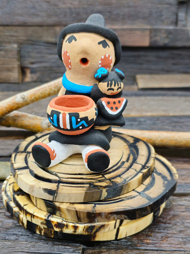 Jemez Storyteller Figurine with Girl, Bowl, and Watermelon by Tim Tosa - 4" by 2" by 3"