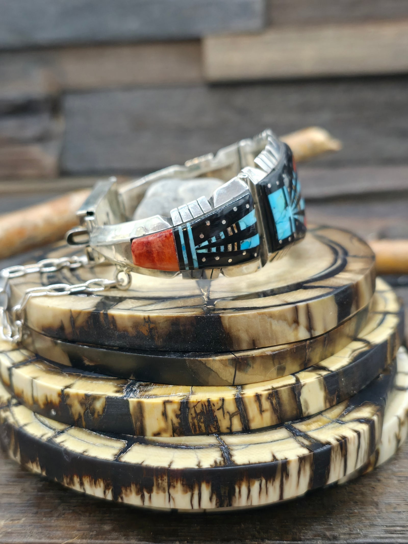 Turquoise Sterling Silver Inlay Bracelet by Ray Jack