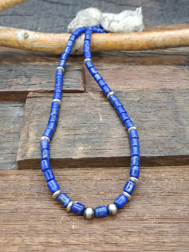 Sterling Silver and Lapis Lazuli Bead Necklace - 19 in.