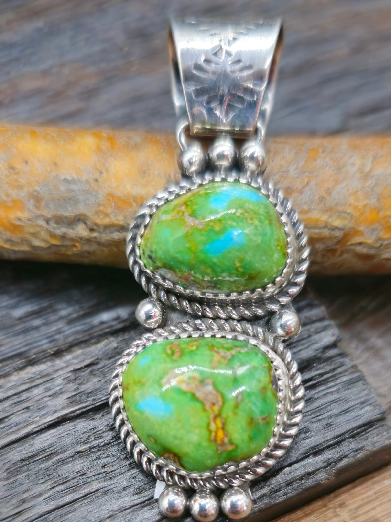 Sonoran Gold Turquoise 2 Stone Sterling Silver Pendant by Rosella Paxton