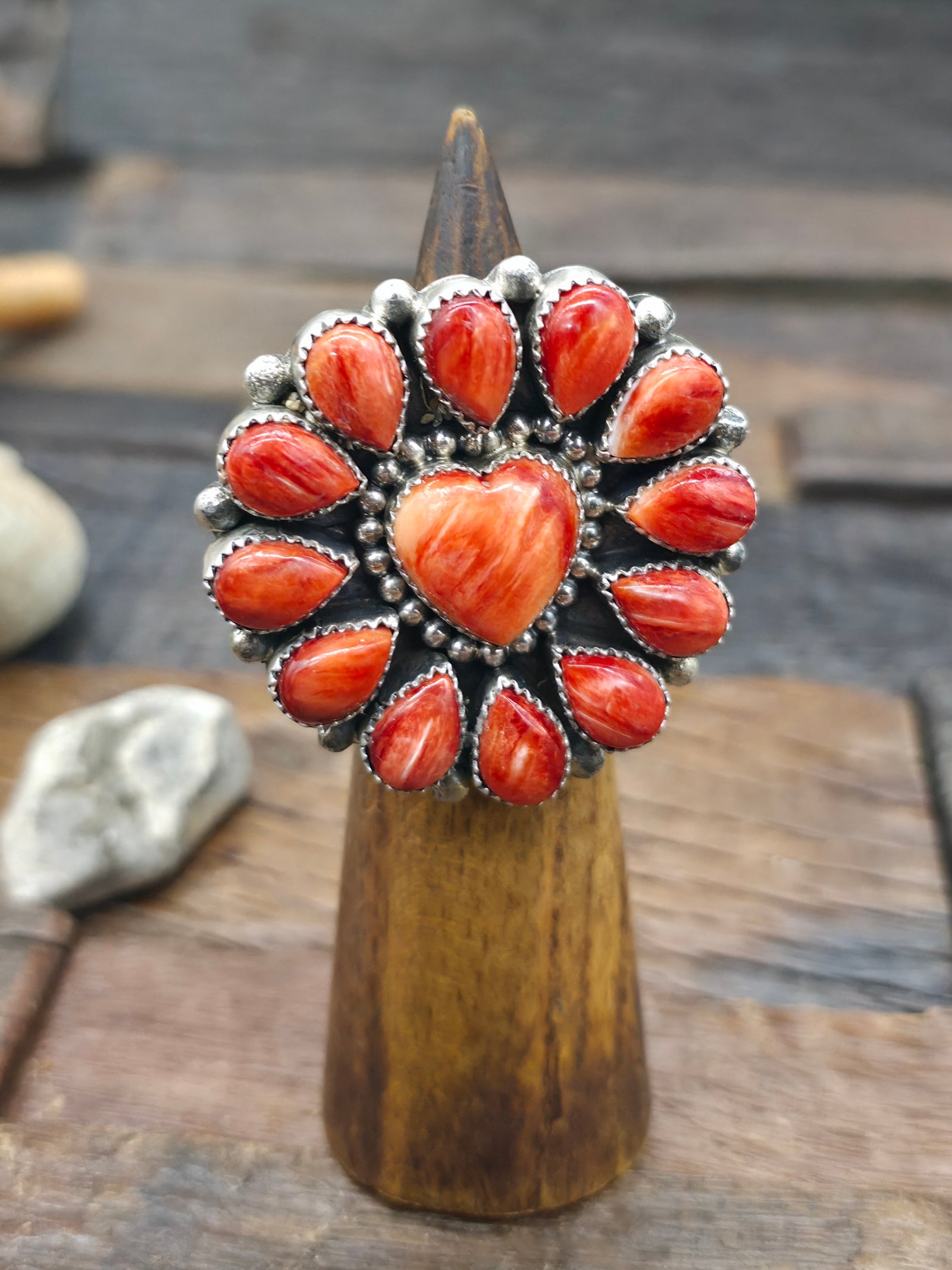 Sterling Silver Spiny Oyster Heart Cluster Ring by "MJ" - Adjustable