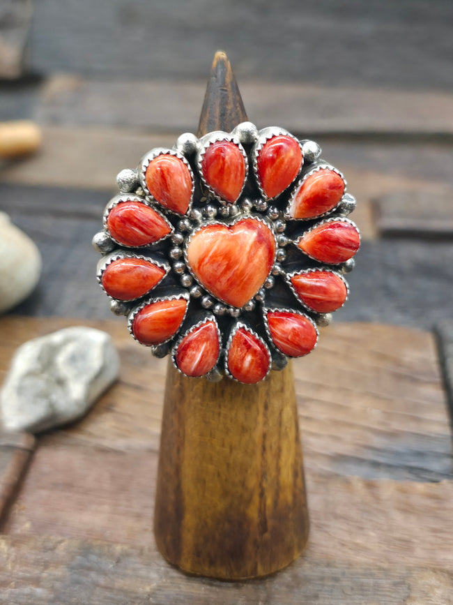 Sterling Silver Spiny Oyster Heart Cluster Ring by "MJ" - Adjustable