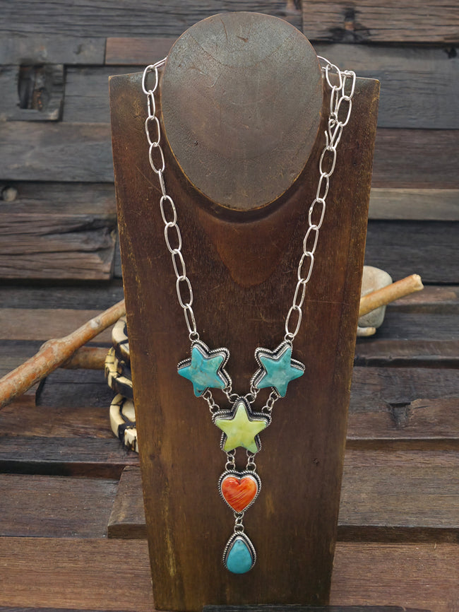 Sterling Silver Turquoise and Spiny Heart and Star Necklace by Rosella Paxson - 25 in. with 3 in. Drop