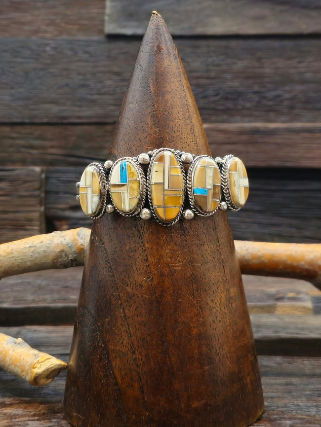 Five-Stone Boulder Turquoise Inlay Sterling Silver Cuff by LaRose Ganadanegro - 6 1/2 in