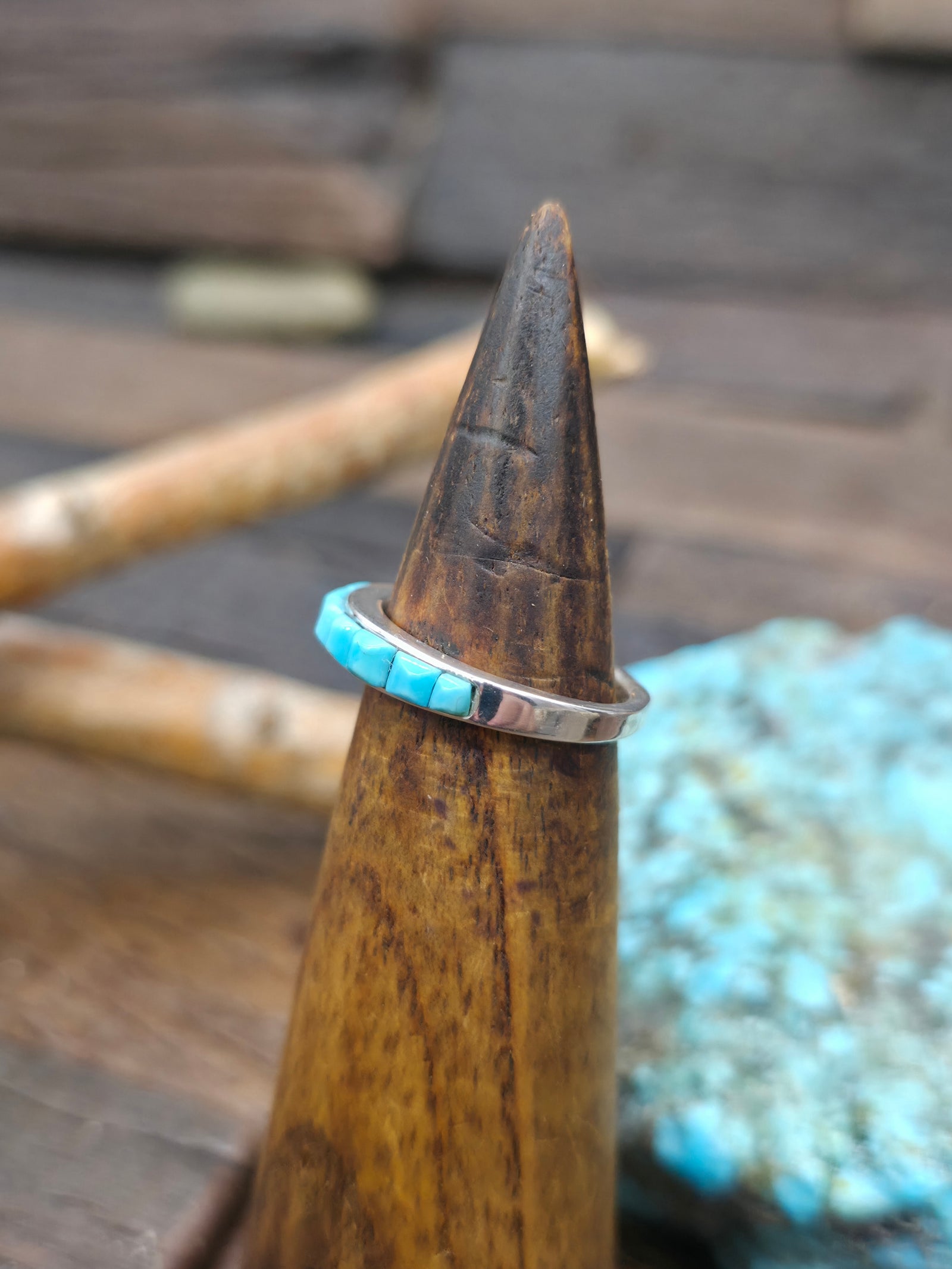 Turquoise Cobblestone Inlay Sterling Silver Ring by Albert Topaha - Size 7