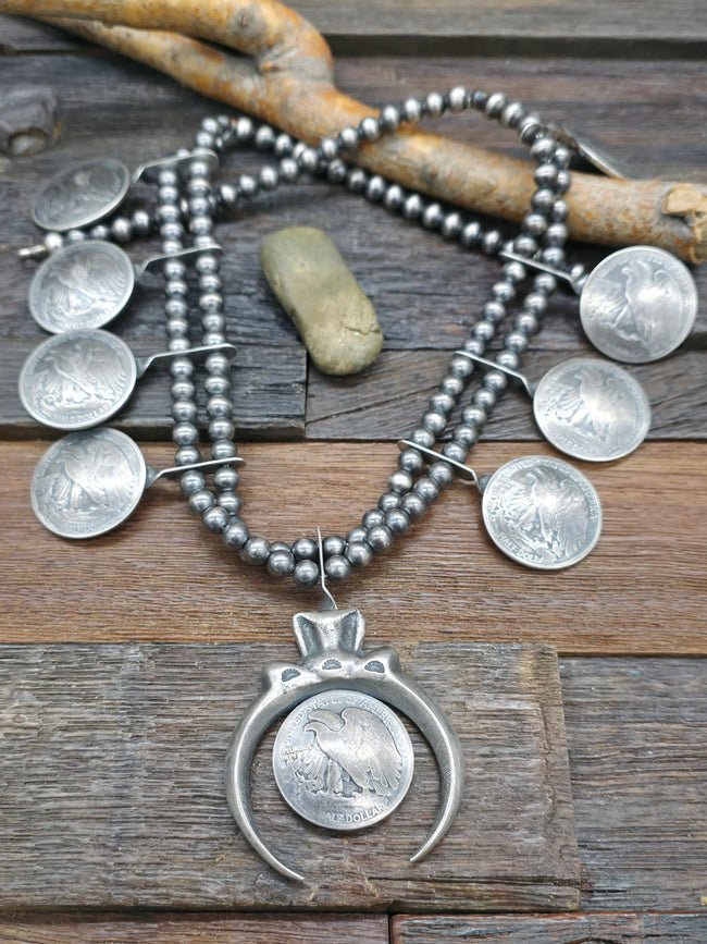 Eagle Half Dollar Coin Silver Squash Blossom Necklace - 24 in.