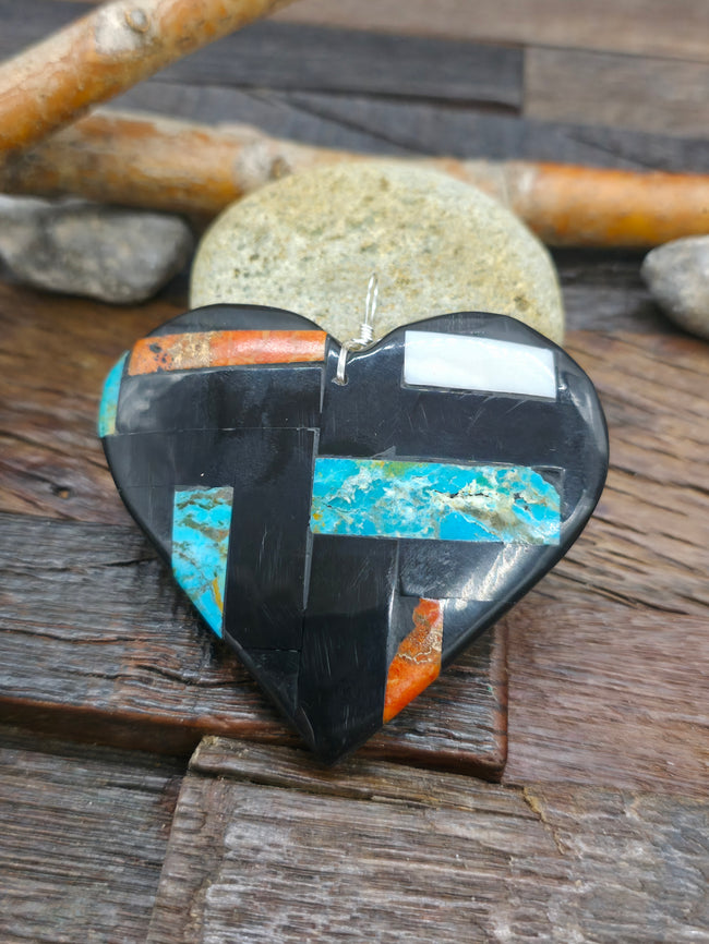 Turquoise, Sponge Coral, and Jet Mosaic Inlay Heart Pendant by Colbert Sherman - 2 1/2 in. by 2 3/4 in.