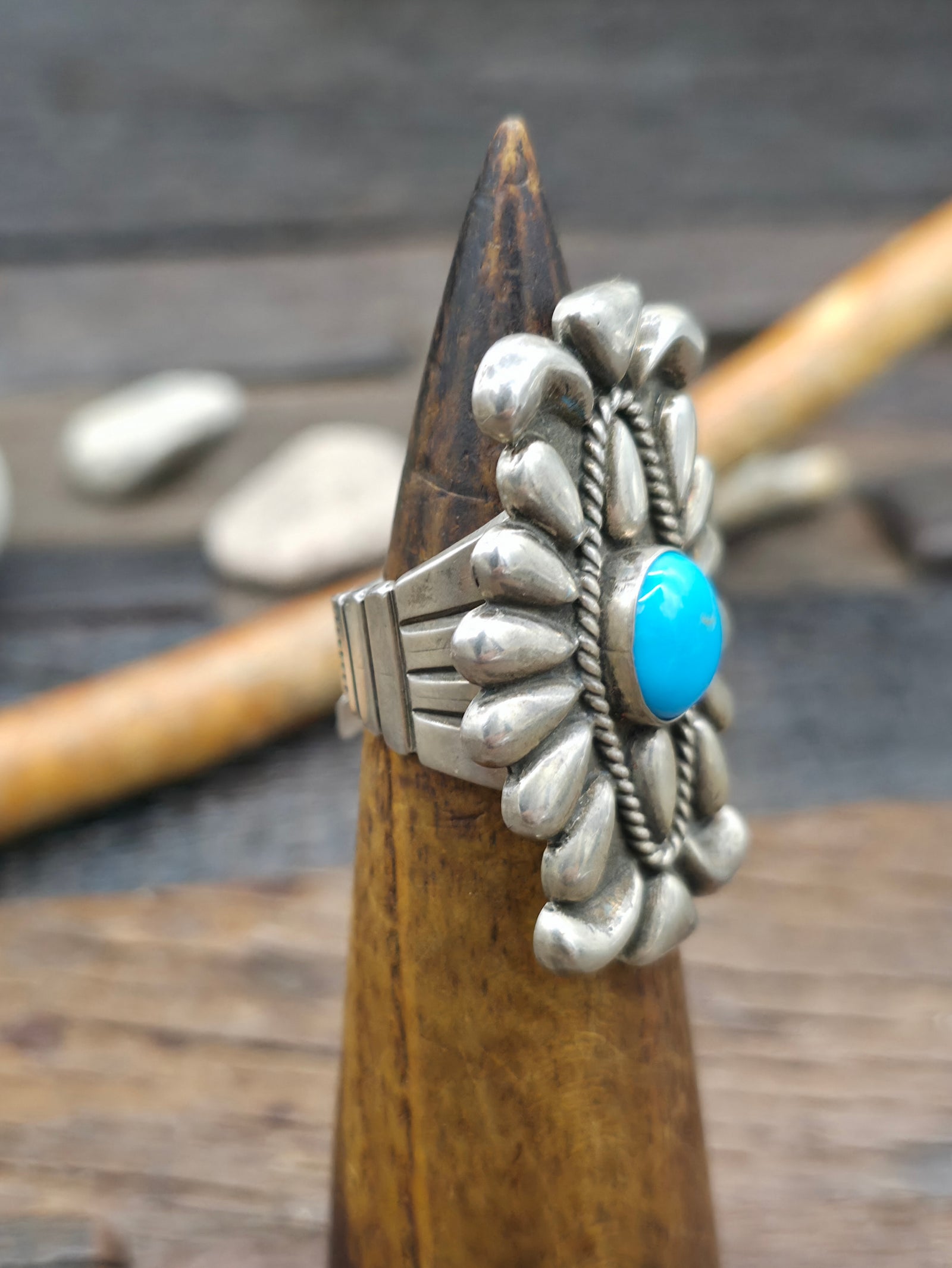 Repousse Stamped Sterling Silver Turquoise Ring by T. Jim - Size 9