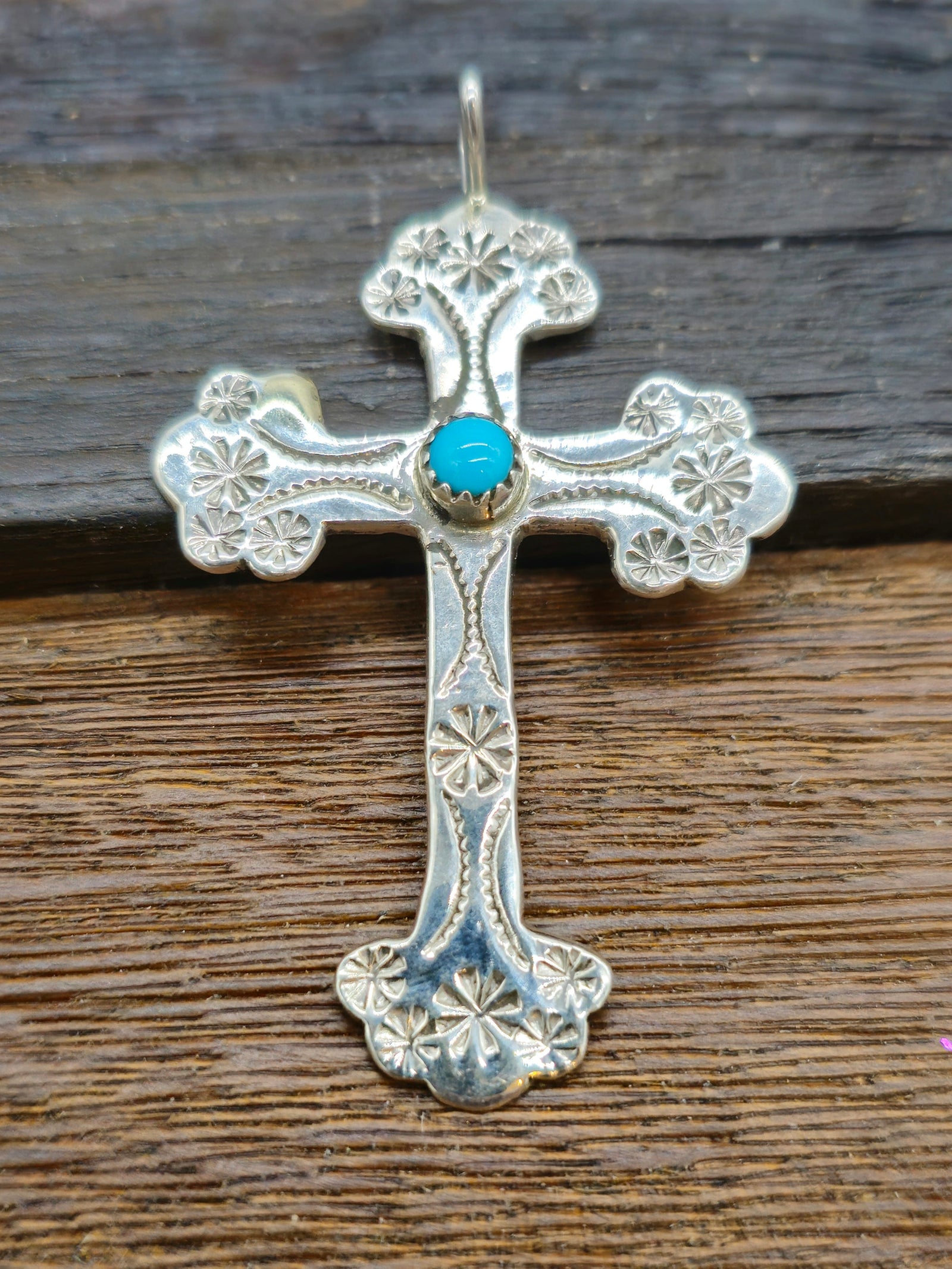Stamped Sterling Silver and Turquoise Cross Pendant by Pauline Nelson