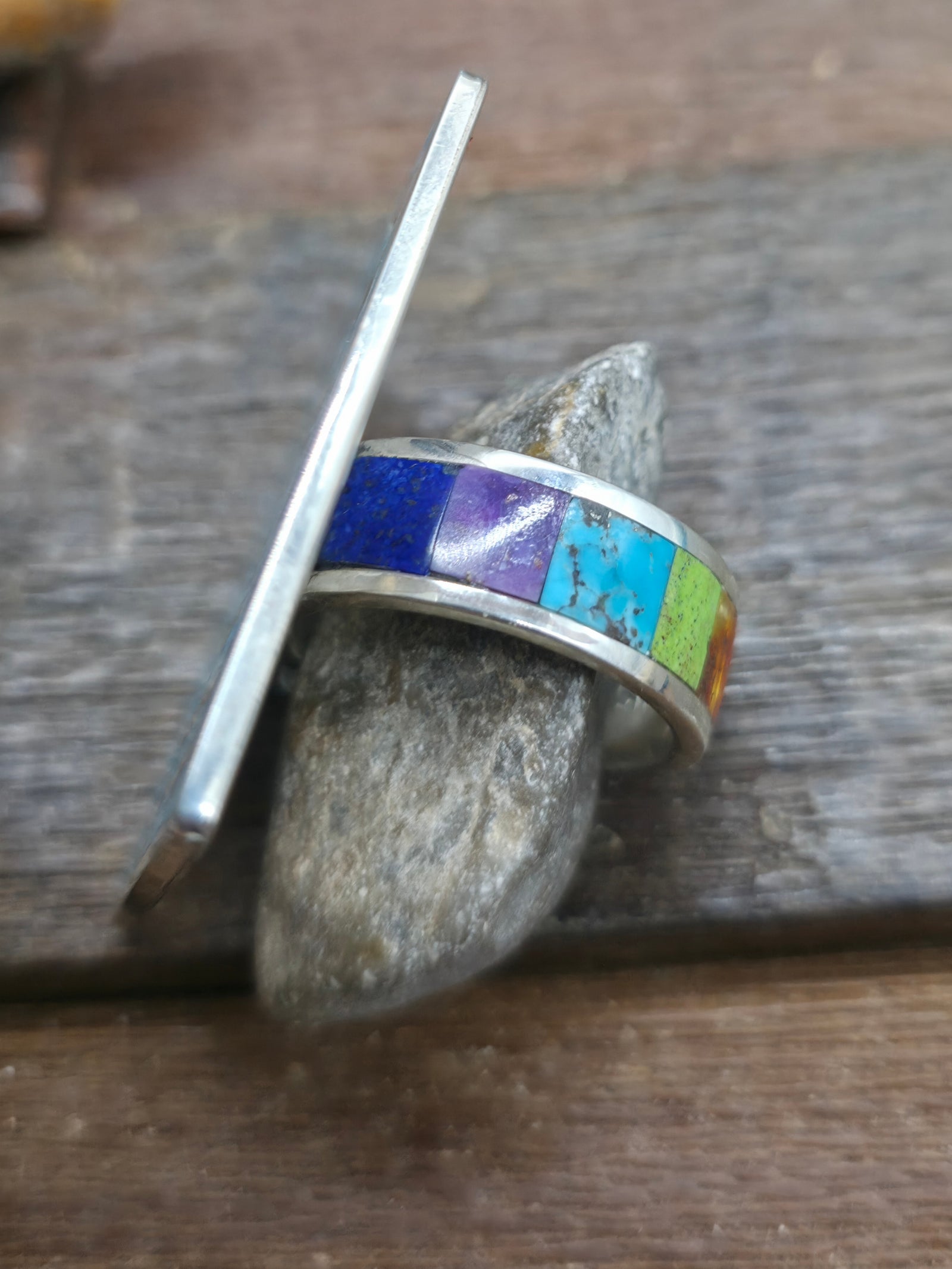 Large Sterling Silver Turquoise Inlay Spiral Ring with Multistone Band by Elliot Coonsis - Size 13