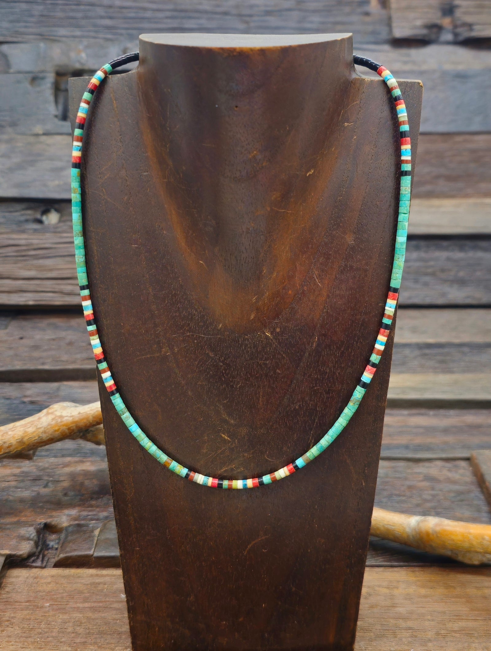 Green Turquoise and Multi-Bead Santo Domingo Necklace by Dorene Calabaza - 19 in.