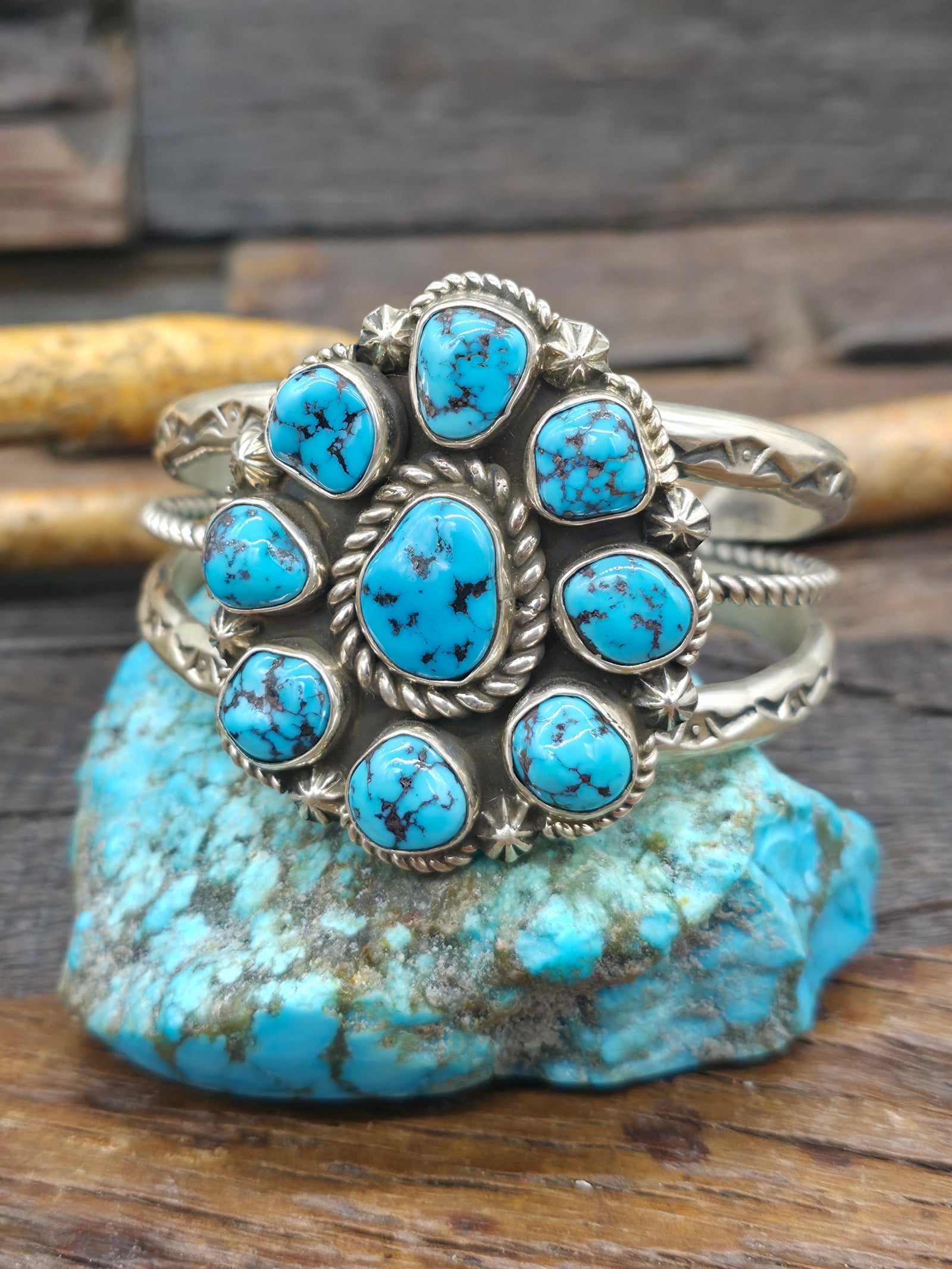 Sterling Silver Turquoise Cluster Cuff by Jacob Troncosa - 7 1/2 in
