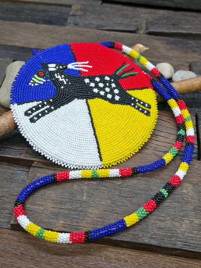 Black Horse Beadwork Medallion Necklace - 28 in.