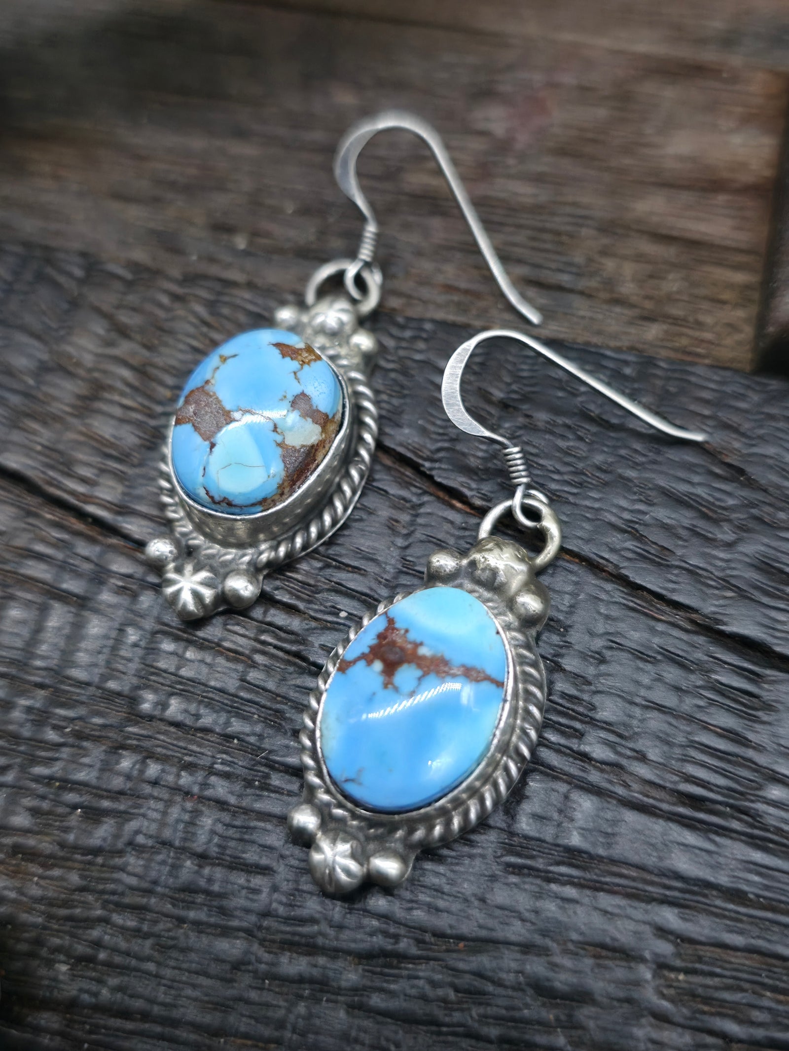 Golden Hill Turquoise Silver Squash Blossom Necklace and Earring Set by Theresa Smith - 22 in.