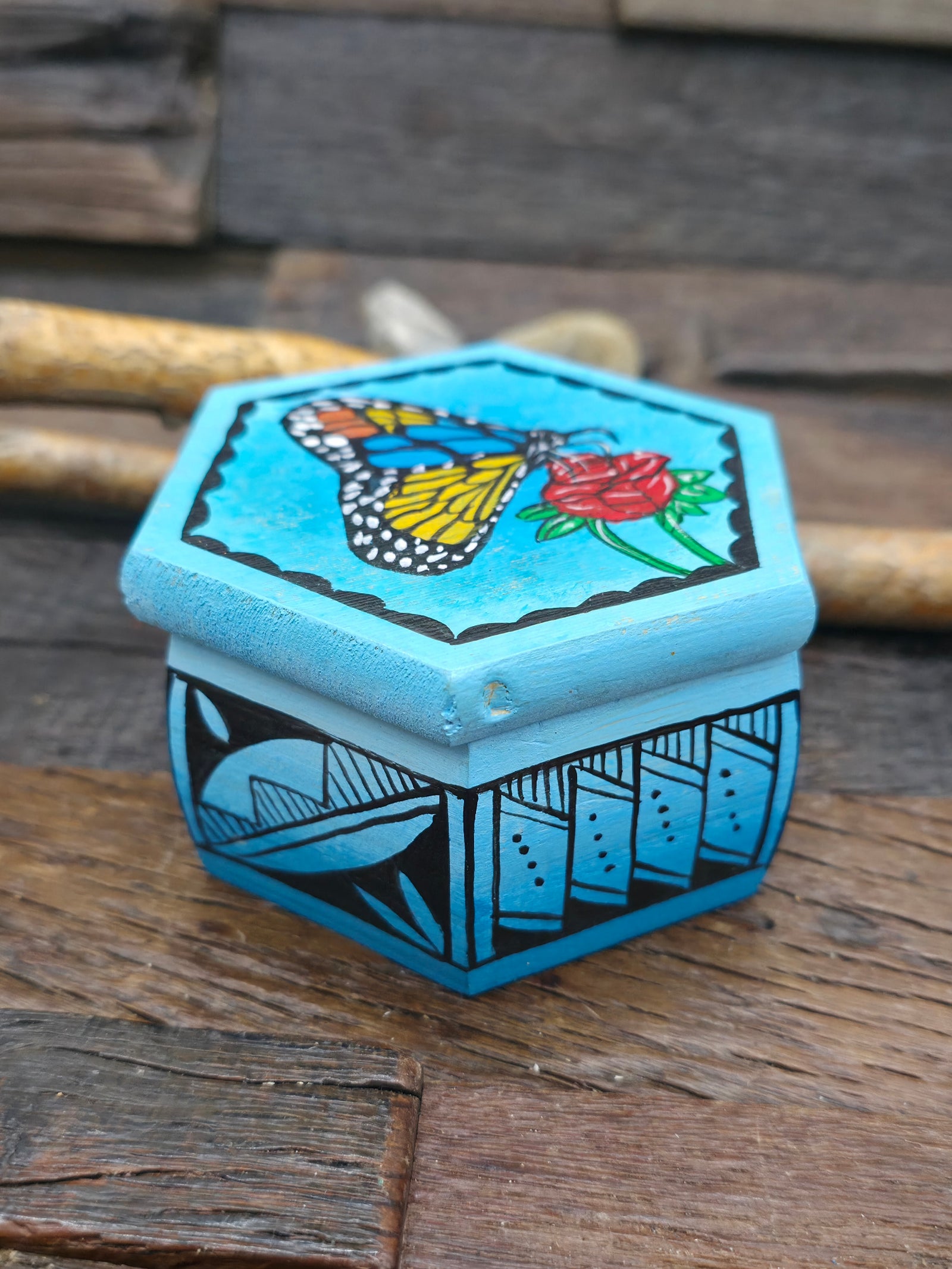 Handpainted Wooden Trinket Box by Andy Tsosie - Butterfly - 3 in. by 3 in. by 2 in.
