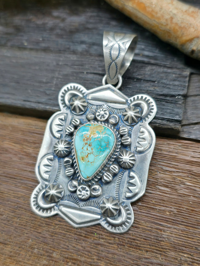 Blue Gem Turquoise Pendant with Stamped Sterling Silver by Dean Sandoval