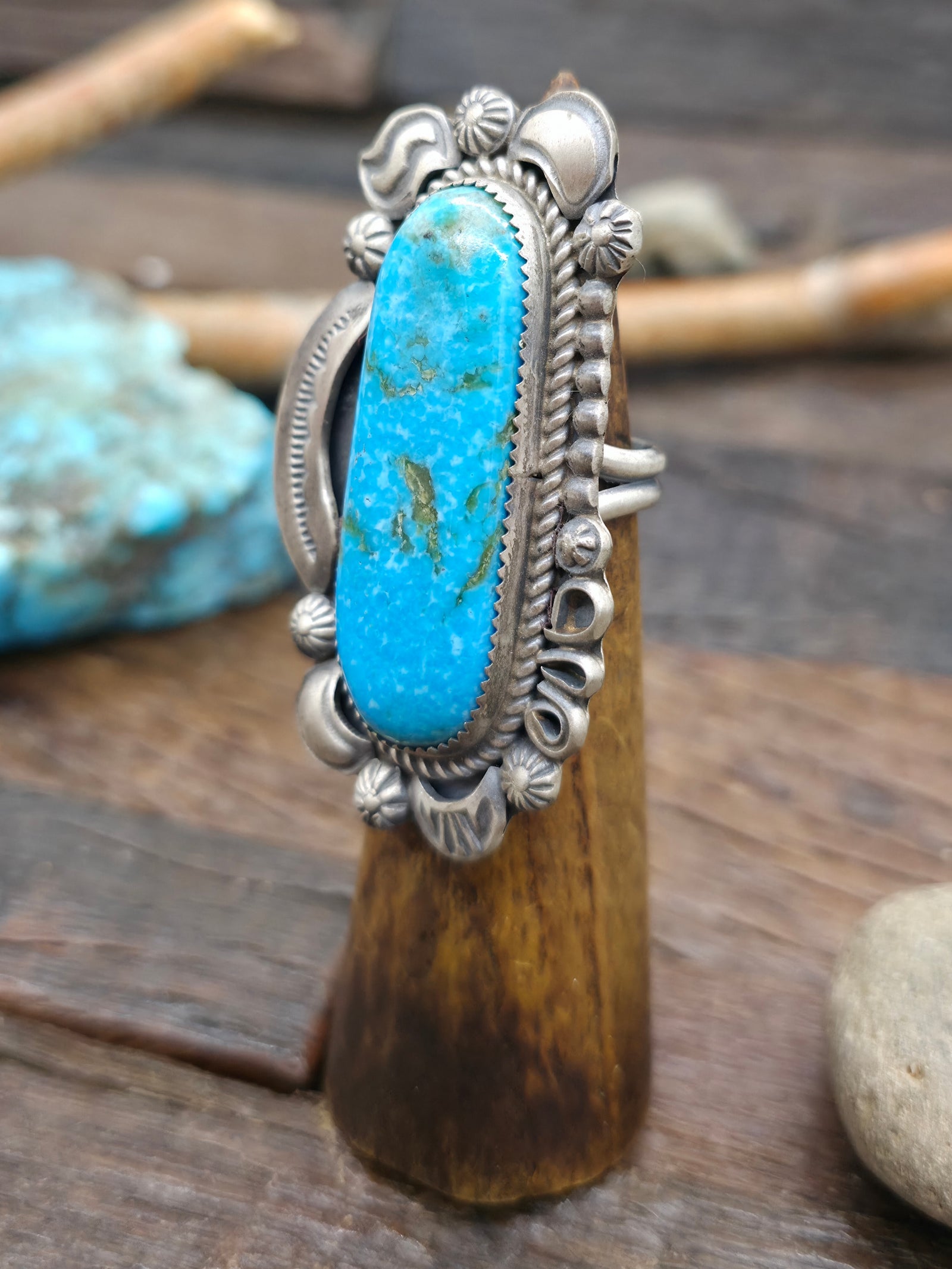 Stamped Sterling Silver Turquoise Statement Ring by Leslie Nez - Size 9