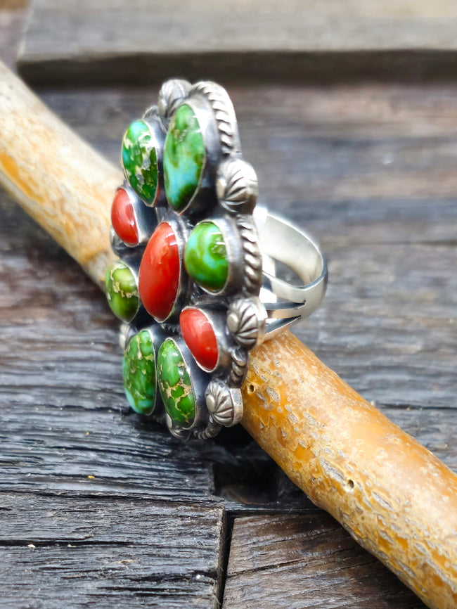 Sonoran Turquoise and Coral Sterling Silver Cluster Ring by Anthony Skeets - Size 7.5