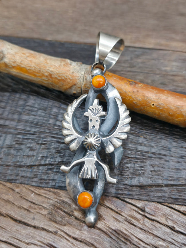 Chimney Butte Cast Sterling Silver and Spiny Oyster Eagle Dancer Pendant - 3 1/2 in. by 1 in.
