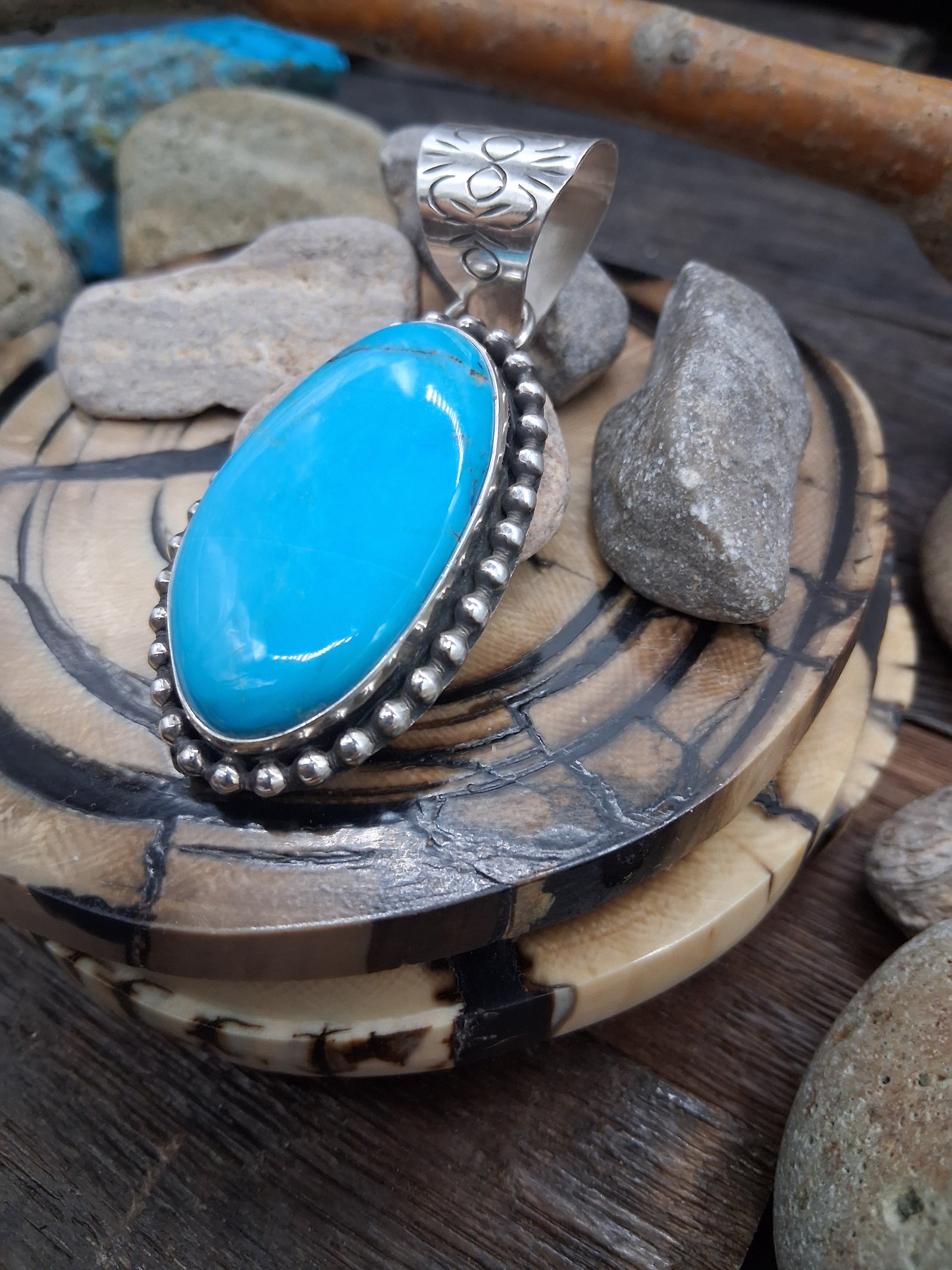 Sterling Silver Kingman Turquoise Oval Pendant by Leonard Platero