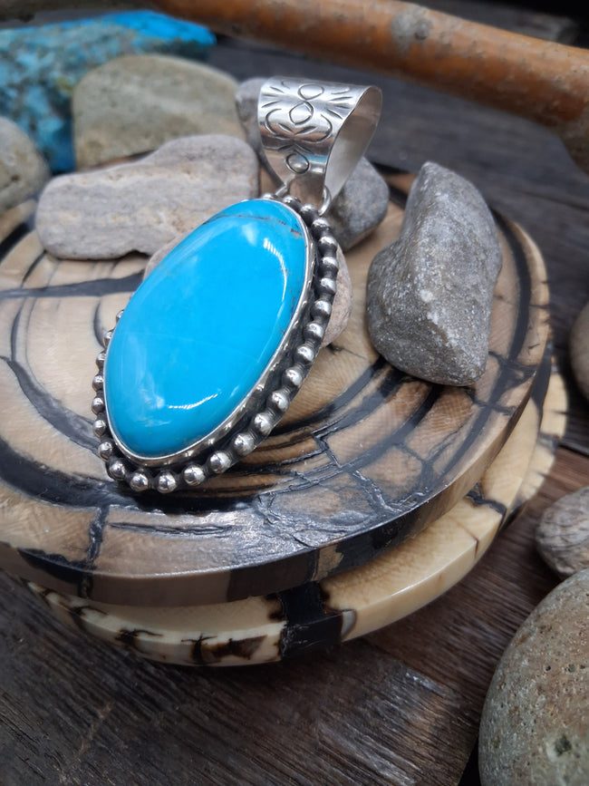 Sterling Silver Kingman Turquoise Oval Pendant by Leonard Platero