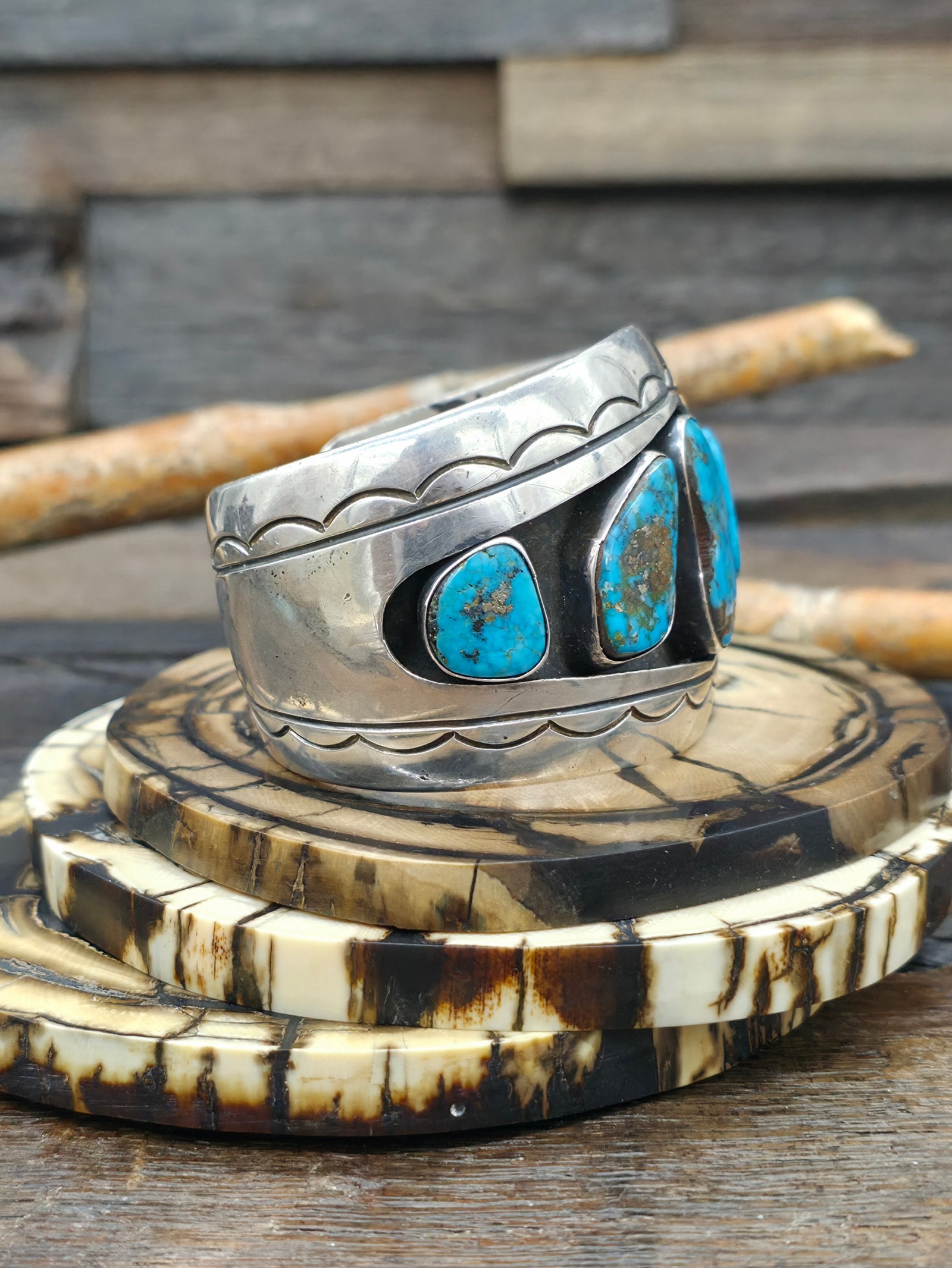 Vintage/Estate Five Stone Sterling Silver Morenci Turquoise Shadowbox Cuff Bracelet Circa 1970s - 6 1/2 in. with Gap