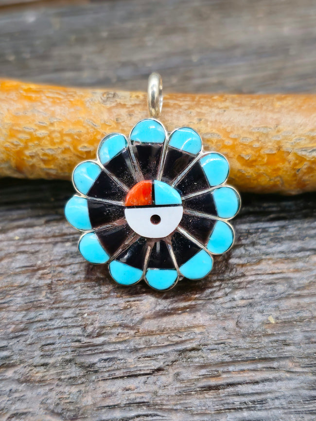 Turquoise, Coral, Mother of Pearl Inlay Sun Face Pendant by Romero Vacit - 1 inch