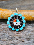 Turquoise, Coral, Mother of Pearl Inlay Sun Face Pendant by Romero Vacit - 1 inch
