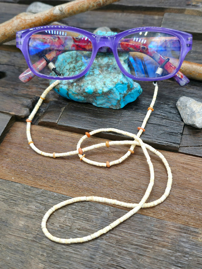 Spiny Oyster and Light Heishi Eyeglass Chain by Ramona Bird - 25 in.
