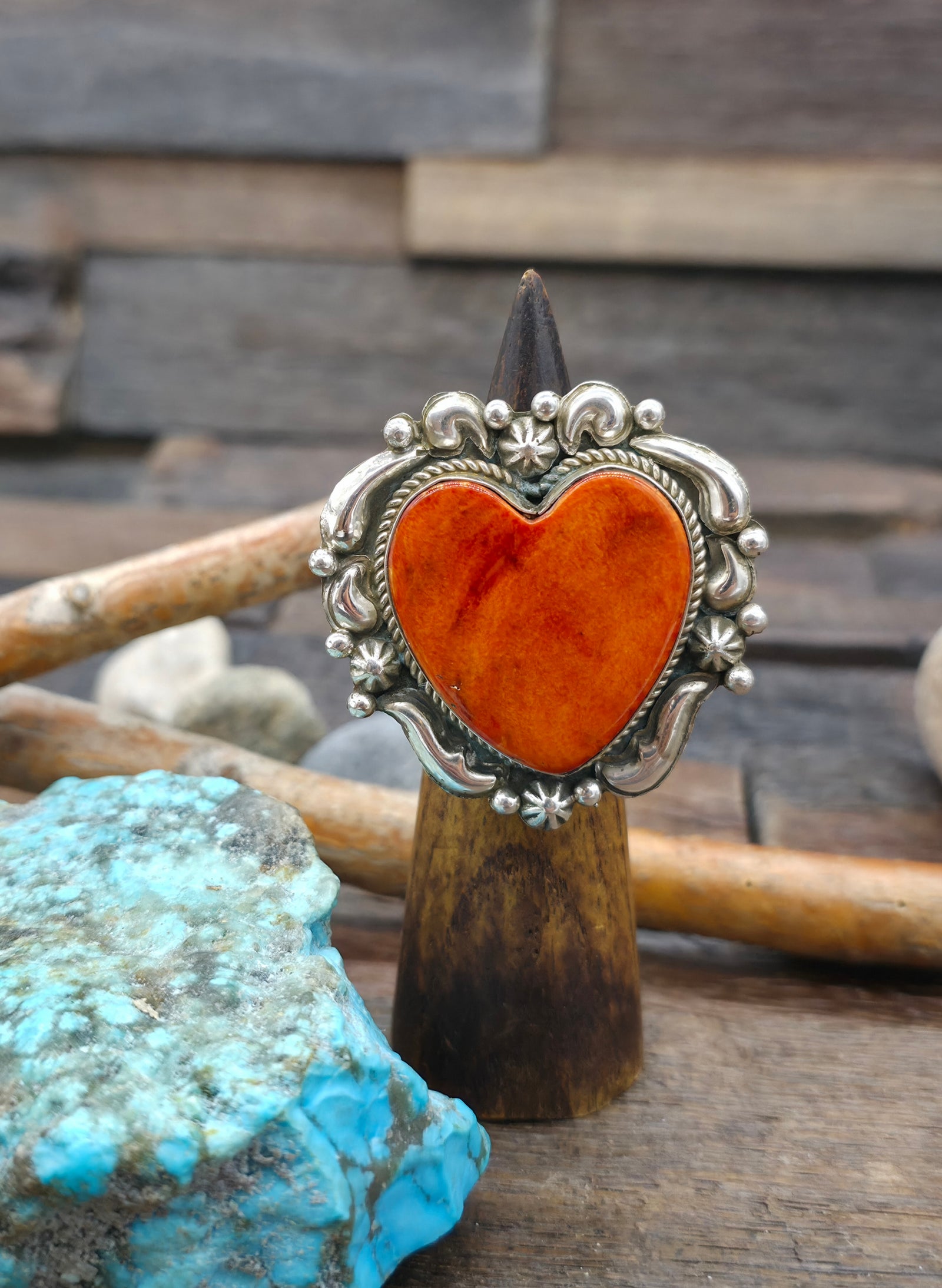 Repousse Stamped Sterling Silver Orange Spiny Ring by Richard Jim - Adjustable