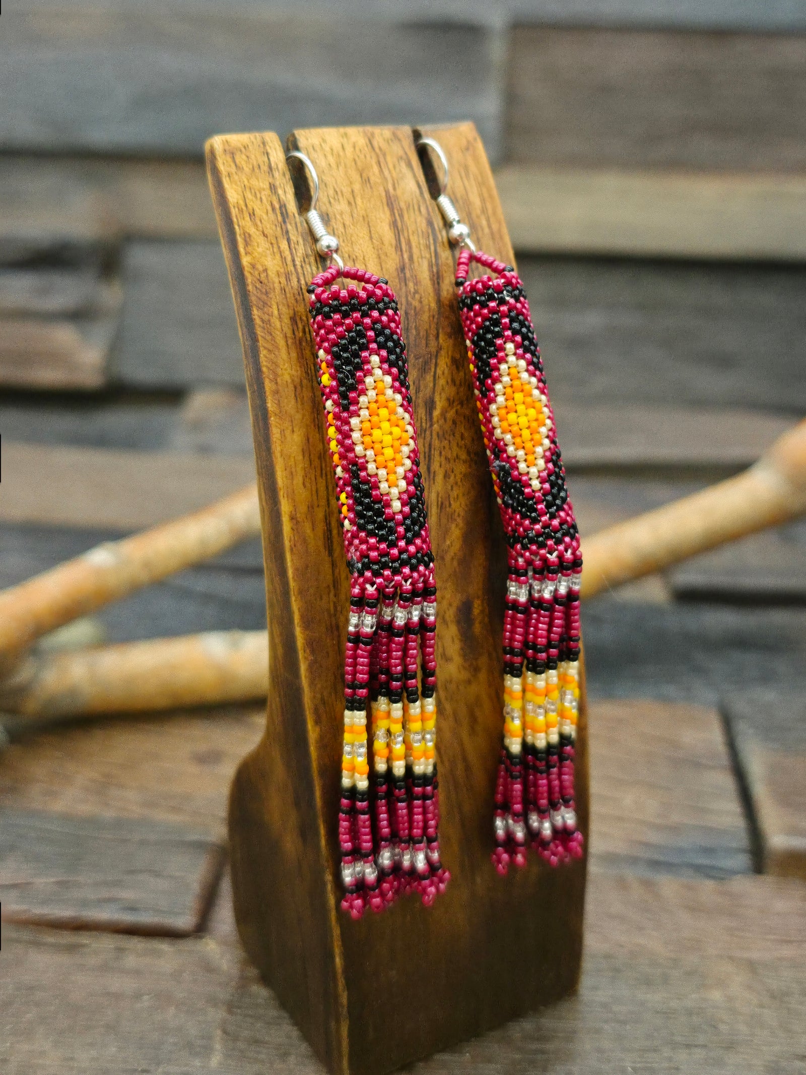 Beadwork Tassel Earrings by Margaret Lee - Red - 4 in. by 1/2 in.