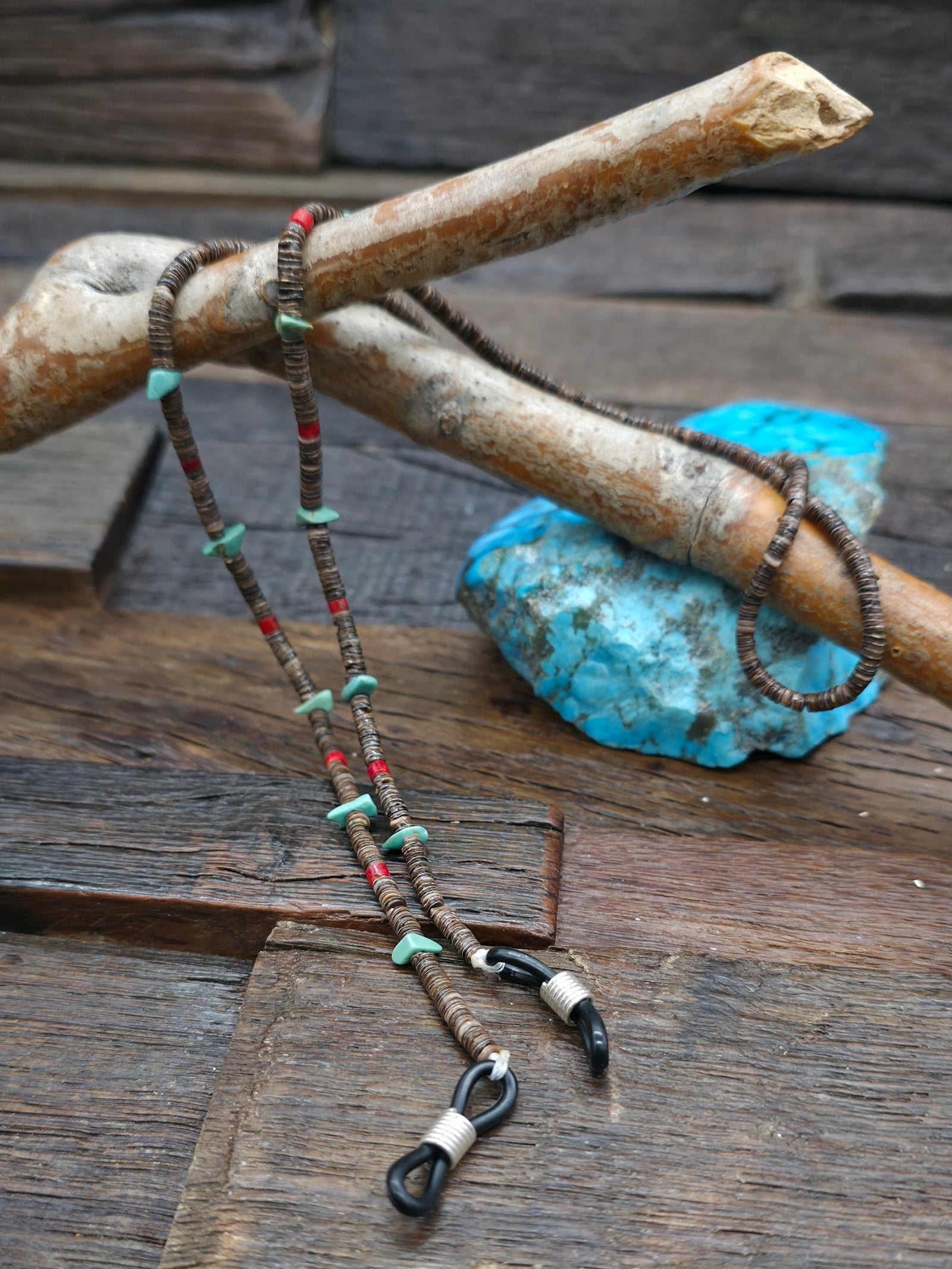 Turquoise and Coral Dark Heishi Eyeglass Chain by Raymond Bird - 25 in.