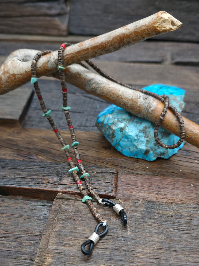Turquoise and Coral Dark Heishi Eyeglass Chain by Raymond Bird - 25 in.