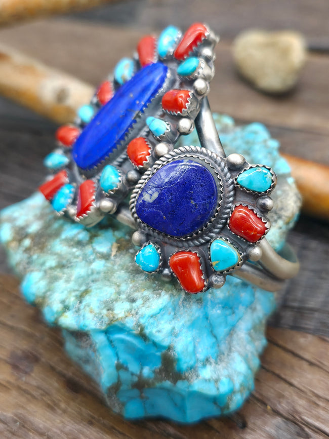 Sterling Silver Lapis, Coral, and Blue Gem Turquoise Cluster Cuff by LaRose Ganadanegro - 6 1/2 in. with Gap