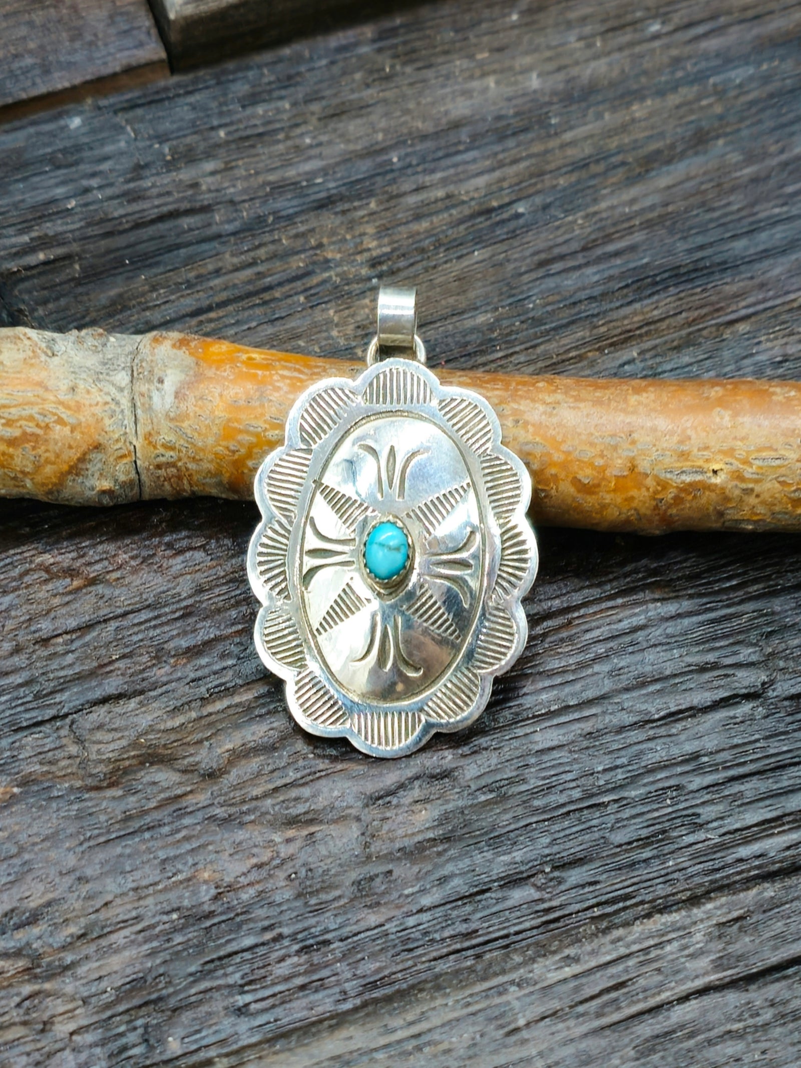 Stamped Sterling Silver and Turquoise Pendant by Bertha Begay