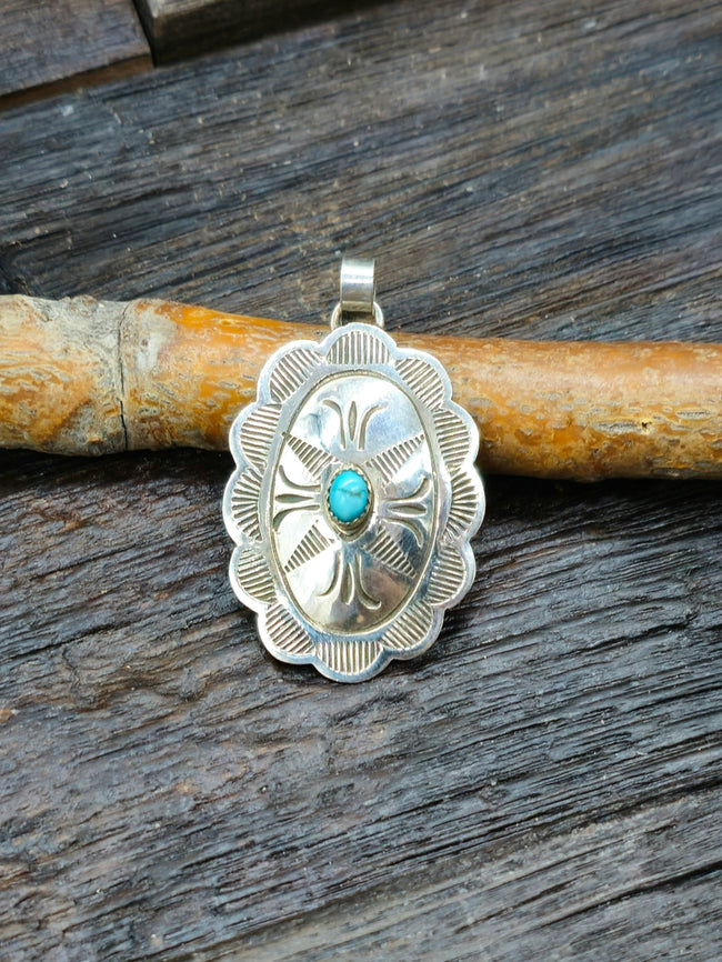 Stamped Sterling Silver and Turquoise Pendant by Bertha Begay