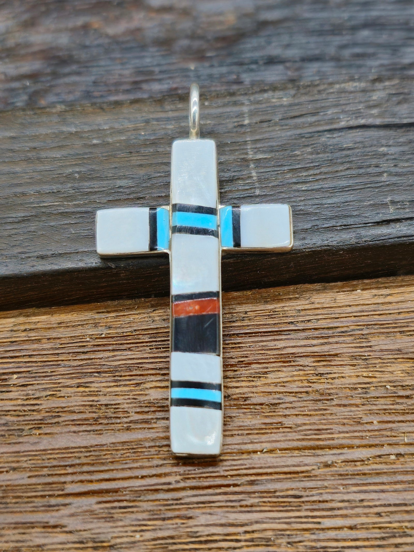 Zuni Multistone Inlay Cross Pendant by Bobby Sanchez - 2 by 1 in.